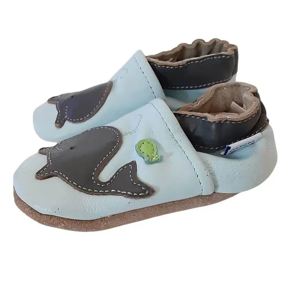 Petit Marin Leather Crib Shoes Blue Whale Soft Soles Tan Suede 6-12mo Baby Boy